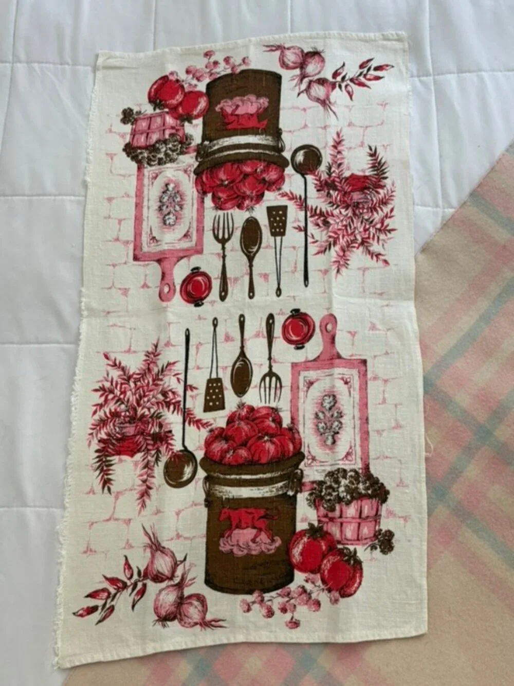 Vintage linen tea towel red brown design with kitchen utensils